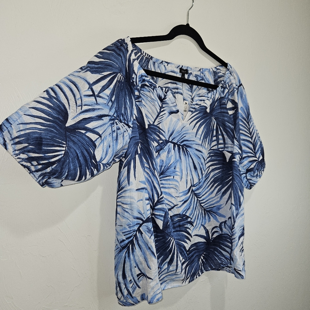 NWT! Talbots Linen Blouse Tropical Print Blue Womens Size Medium NEW - Picture 3 of 14